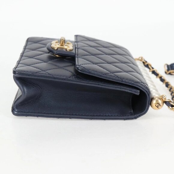 CHANEL Matelasse Chain Shoulder Bag Lamb Skin Navy CC Auth 132881M - Picture 6 of 16